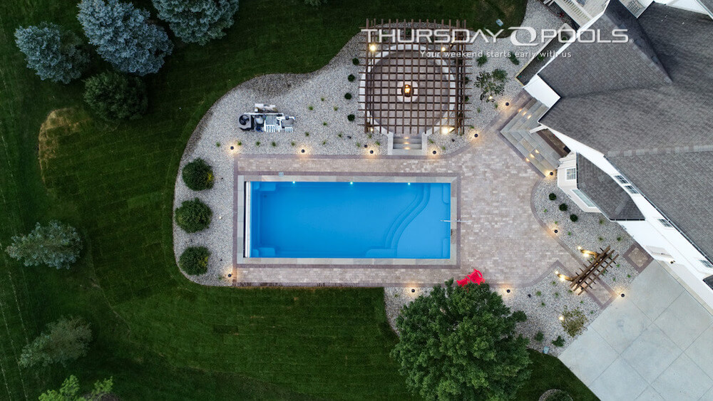 Thursday Pools aerial view of Aspen pool and patio design