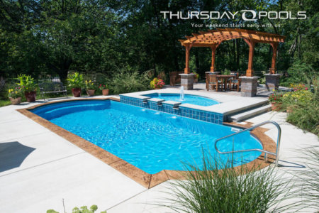 Thursday Pools Wet Deck with waterfall into Cathedral pool