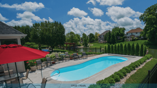 Thursday Pools Pearl Titus Pool with landscaping and pond in background