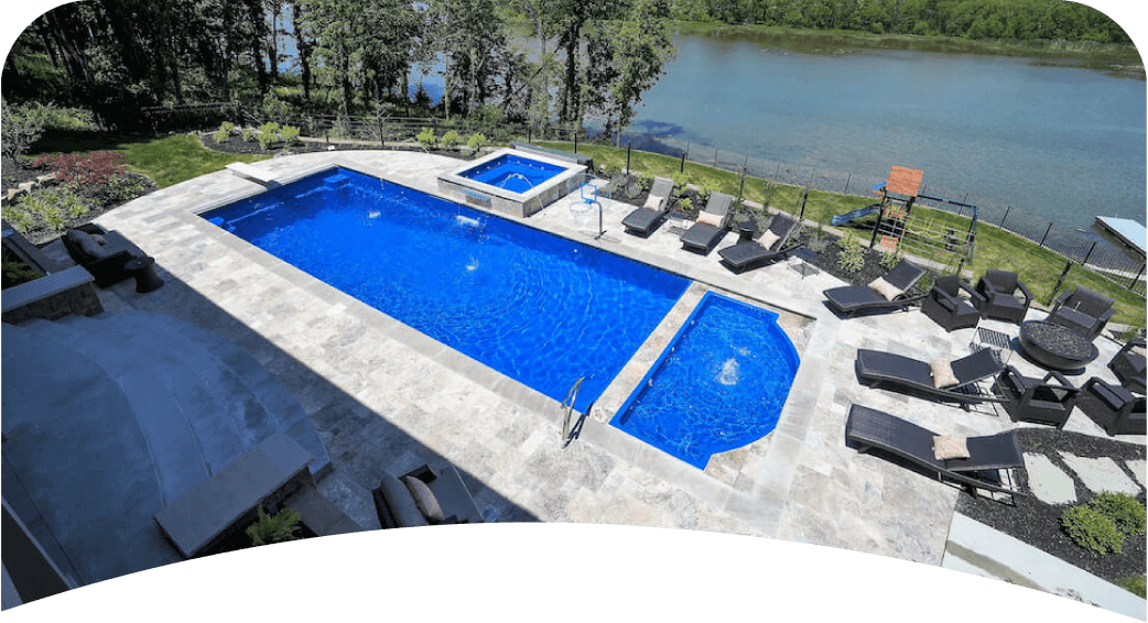 Thursday Pools aerial view of Monolith Pool, Wet Deck and Square Spa